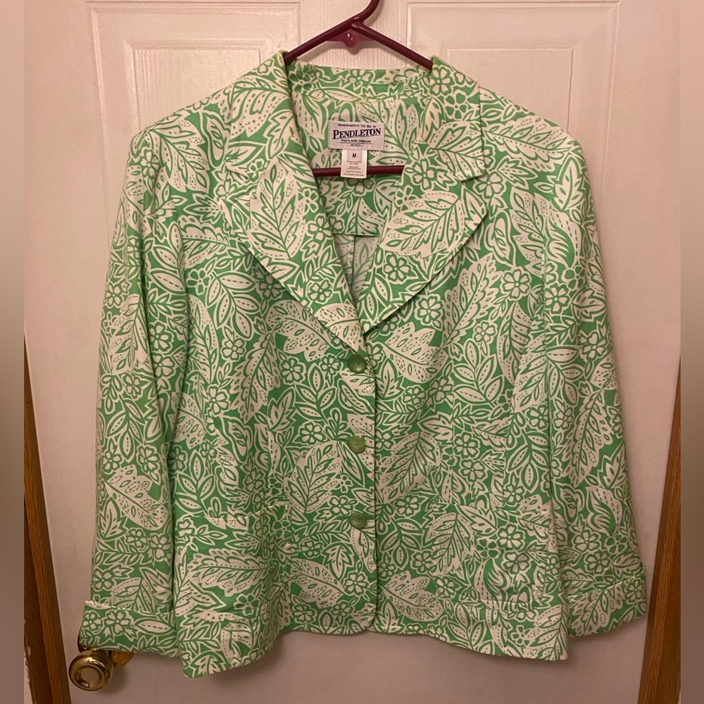 Pendleton Silk Blend Green & White Leaf Print Button Jacket